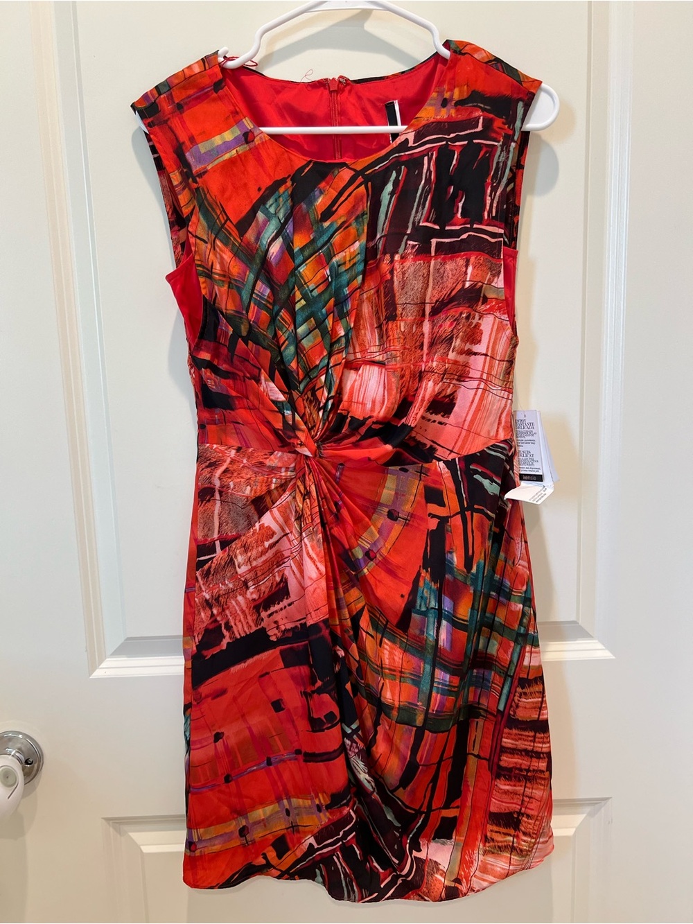Kensie Red Abstract Twist-Front Sleeveless Dress
